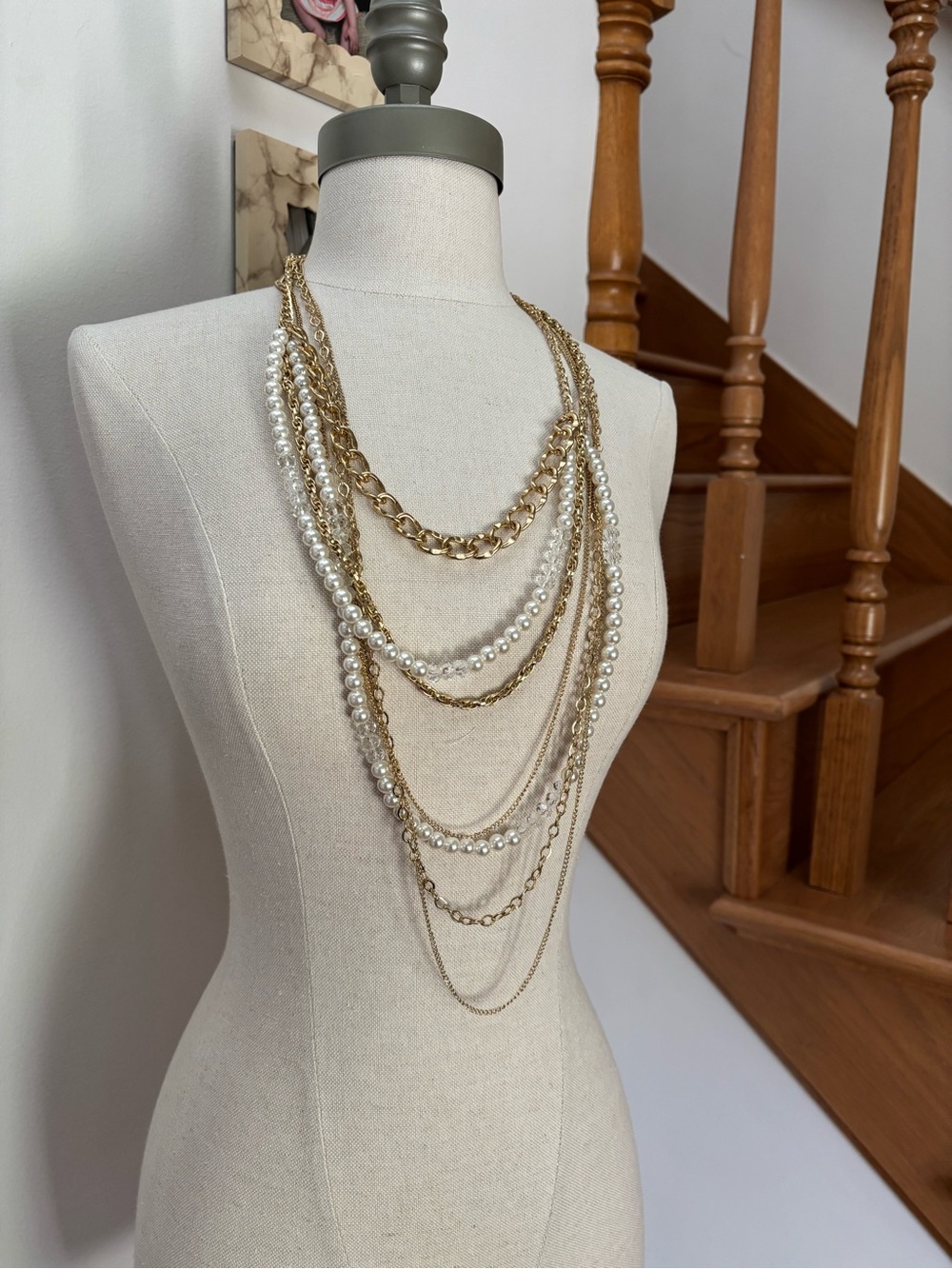 Mixed Median Multi-chain Gold Tone and Pearl Draped Necklace